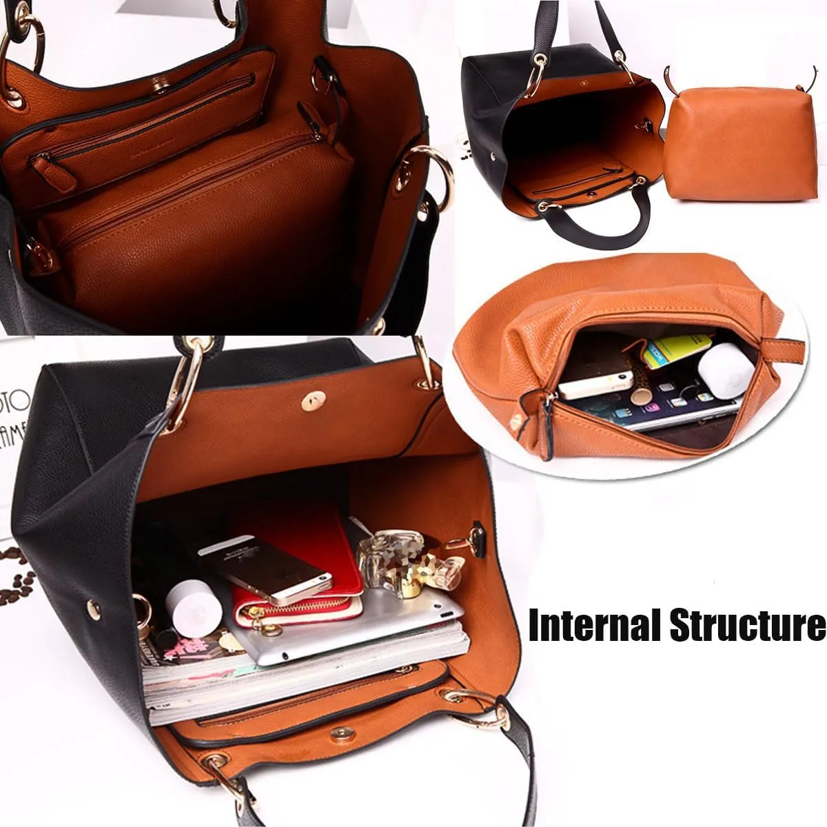 Tote Handbag for Women Large Capacity Work PU Leather Bucket Purse Designer Satchel Hobo Shoulder Bag