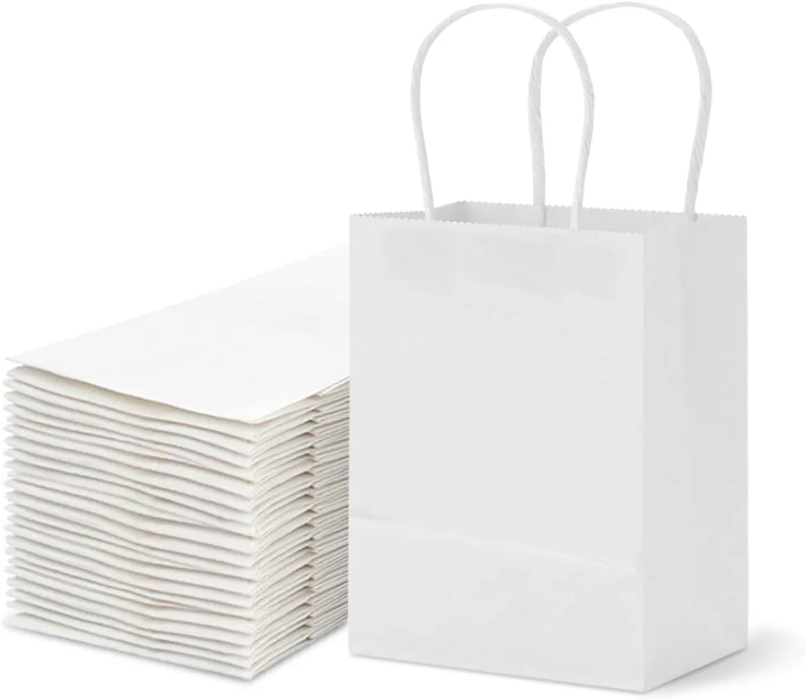 TOWRAP White Gift Bags - 100 Pcs, 5 x 3 x 5 Inch Paper Bags With Handles for Bulk Shopping, Parties, Retail & Favors