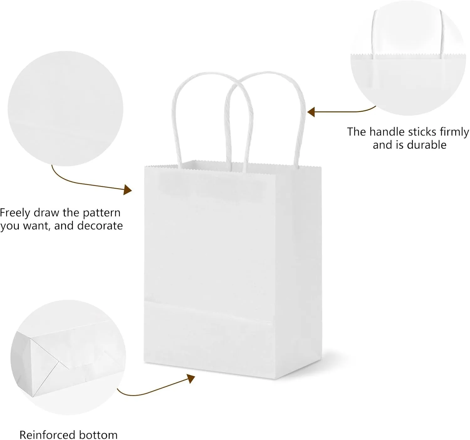 TOWRAP White Gift Bags - 100 Pcs, 5 x 3 x 5 Inch Paper Bags With Handles for Bulk Shopping, Parties, Retail & Favors