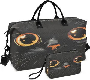 Travel Duffel Bag Large Weekender Overnight Bags for Women Men, Cute Black Cat Face Gym Bag with Toiletry Bag