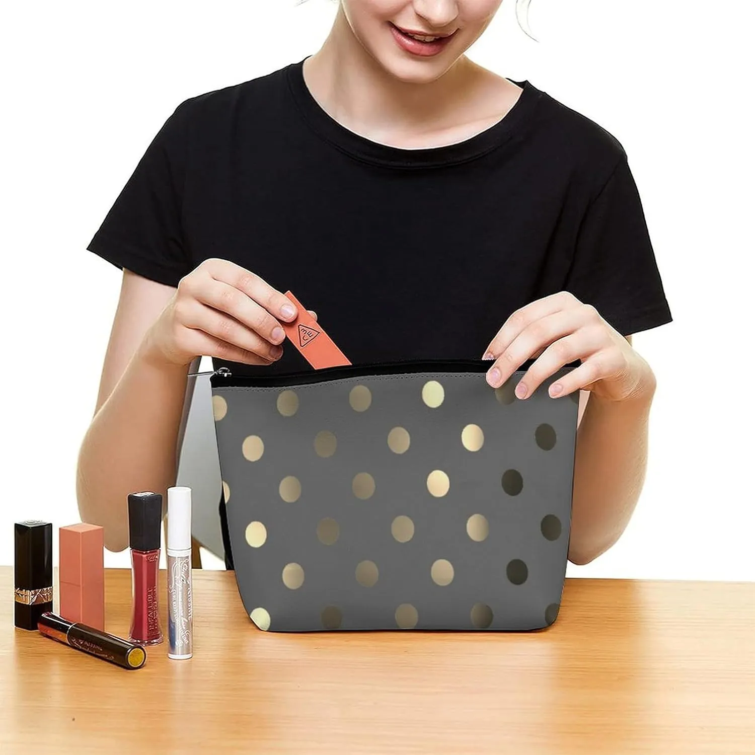 Travel Makeup Bag, Metallic Gold Gray Polka Dots Cosmetic Bags for Women Large Capacity Waterproof Toiletry Pouch Make up Organizer