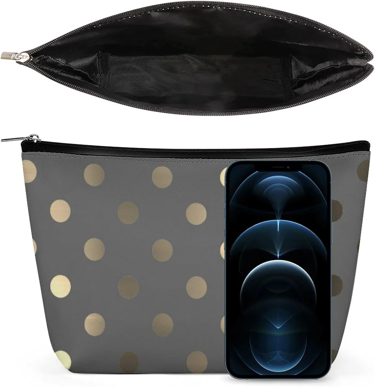 Travel Makeup Bag, Metallic Gold Gray Polka Dots Cosmetic Bags for Women Large Capacity Waterproof Toiletry Pouch Make up Organizer