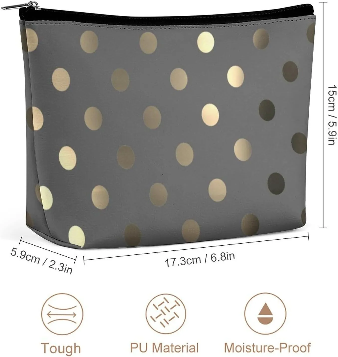 Travel Makeup Bag, Metallic Gold Gray Polka Dots Cosmetic Bags for Women Large Capacity Waterproof Toiletry Pouch Make up Organizer