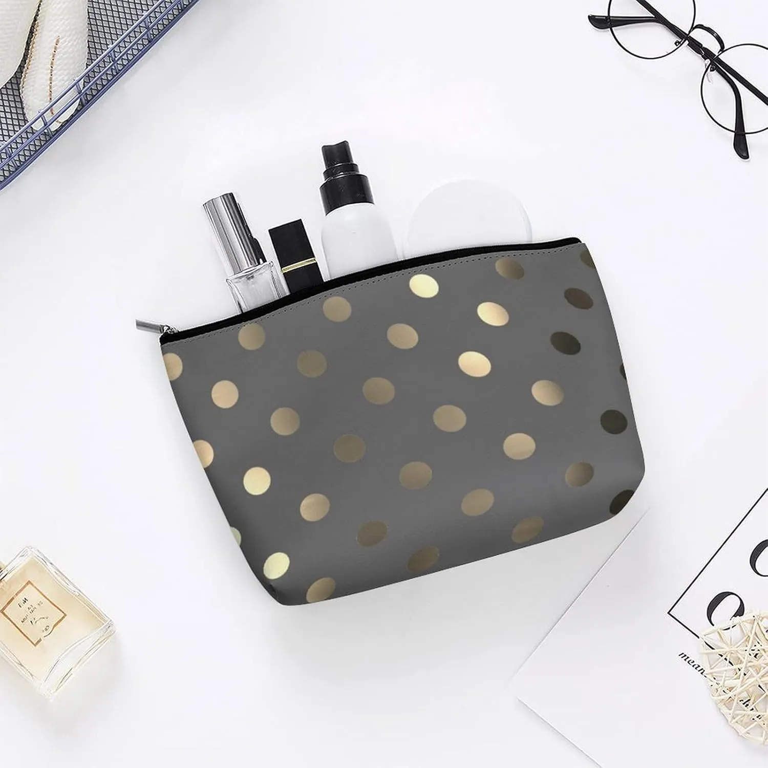 Travel Makeup Bag, Metallic Gold Gray Polka Dots Cosmetic Bags for Women Large Capacity Waterproof Toiletry Pouch Make up Organizer