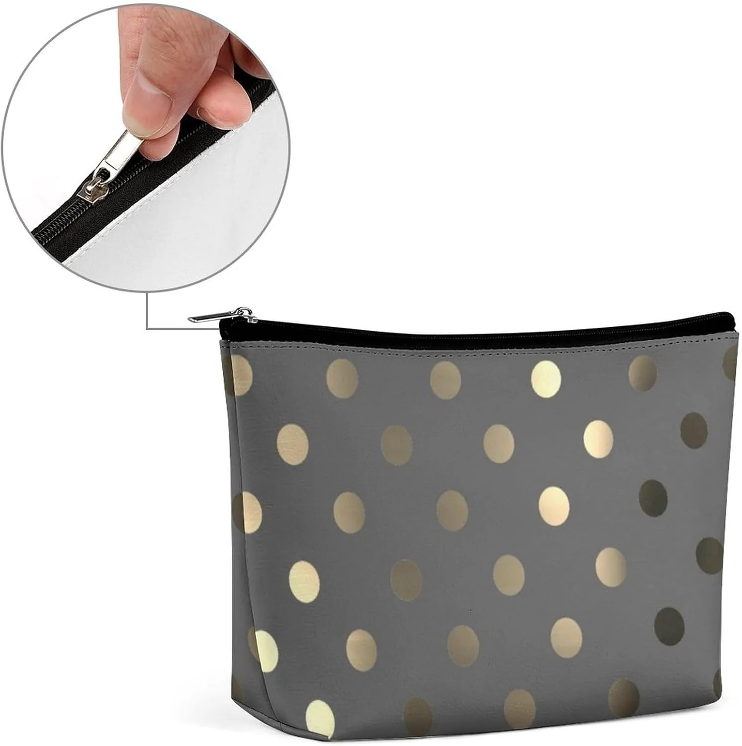 Travel Makeup Bag, Metallic Gold Gray Polka Dots Cosmetic Bags for Women Large Capacity Waterproof Toiletry Pouch Make up Organizer
