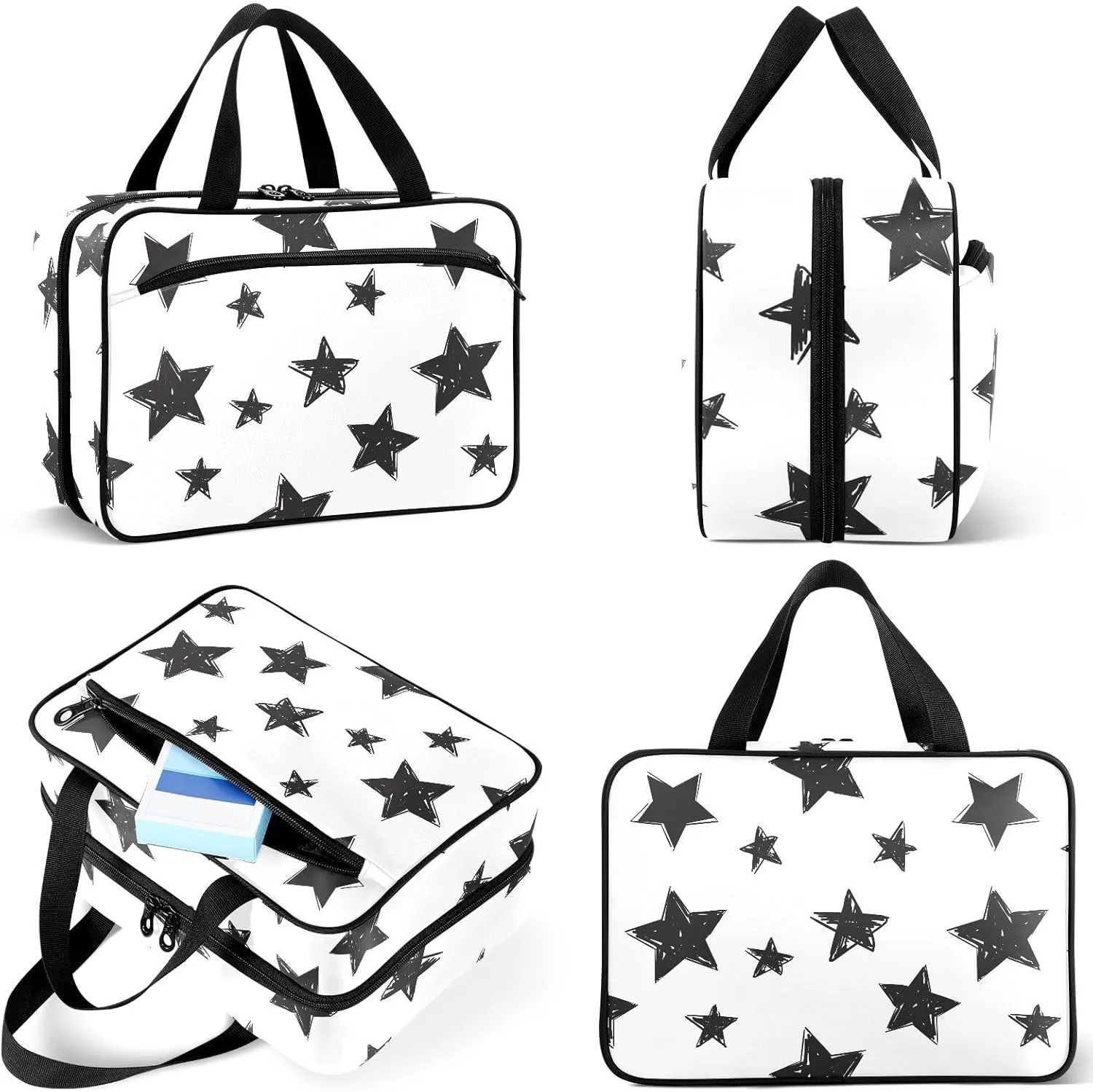 Travel Toiletry Bag for Woman/Men,Black and White Stars Graffiti Star Hanging Organizer Bag with Pockets Portable Folding Travel Case Bags for Makeup Cosmetic Toiletries Storage Traveling-L