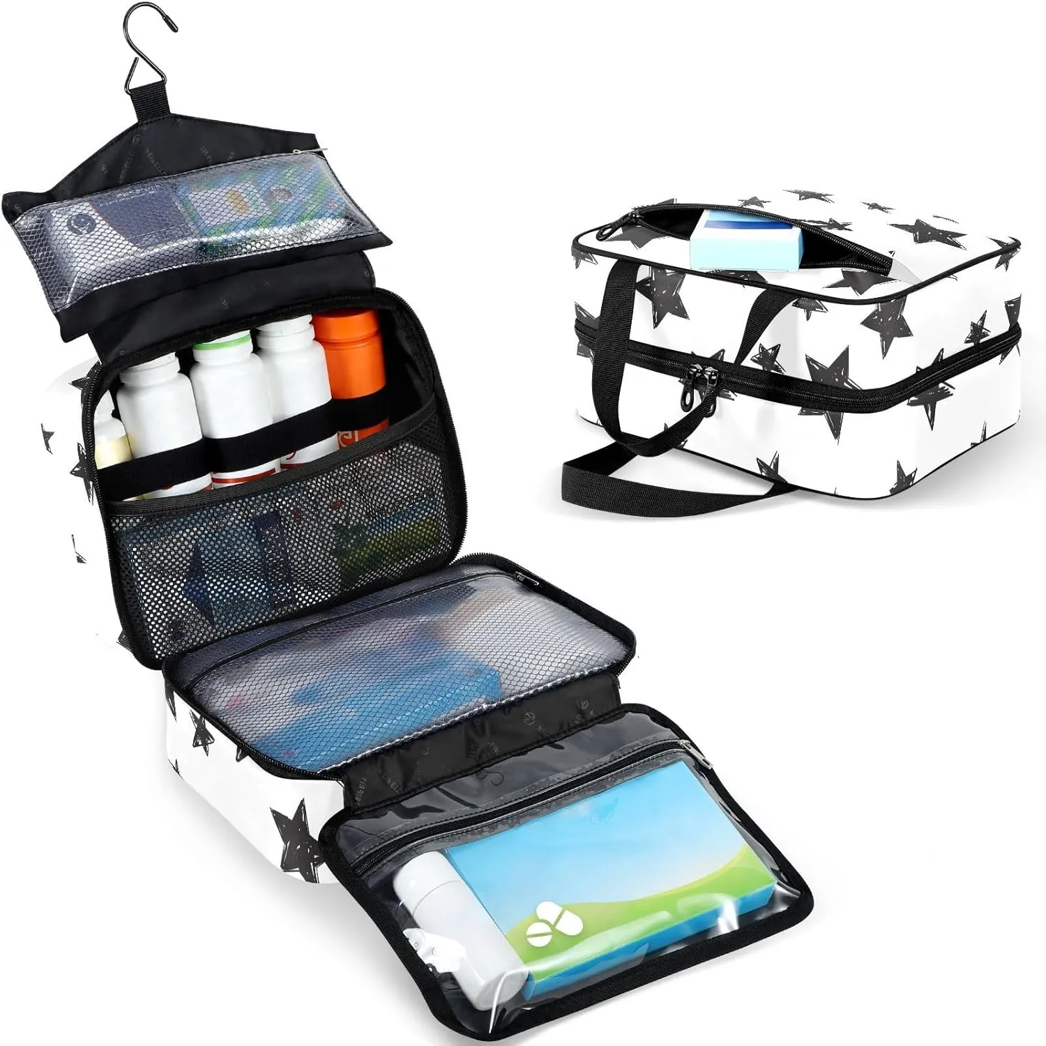 Travel Toiletry Bag for Woman/Men,Black and White Stars Graffiti Star Hanging Organizer Bag with Pockets Portable Folding Travel Case Bags for Makeup Cosmetic Toiletries Storage Traveling-L