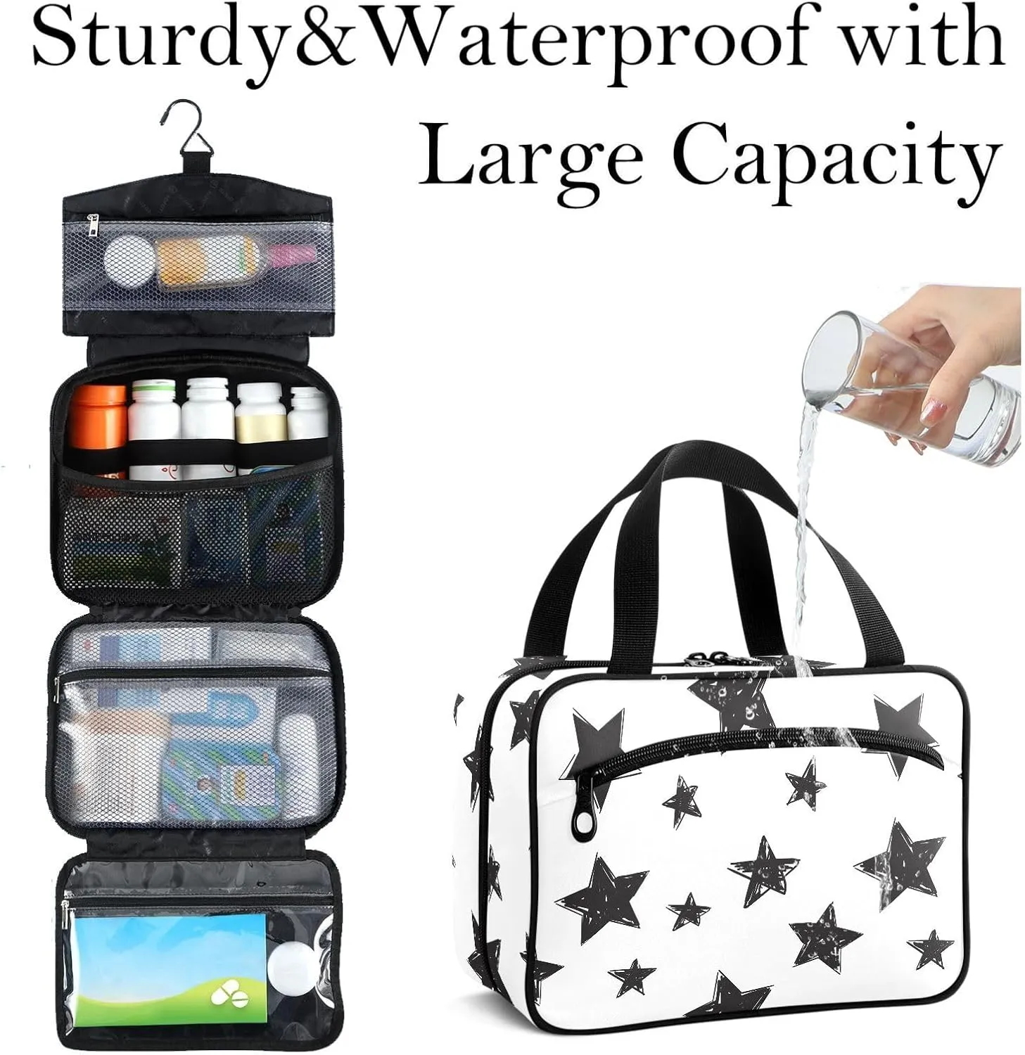 Travel Toiletry Bag for Woman/Men,Black and White Stars Graffiti Star Hanging Organizer Bag with Pockets Portable Folding Travel Case Bags for Makeup Cosmetic Toiletries Storage Traveling-L