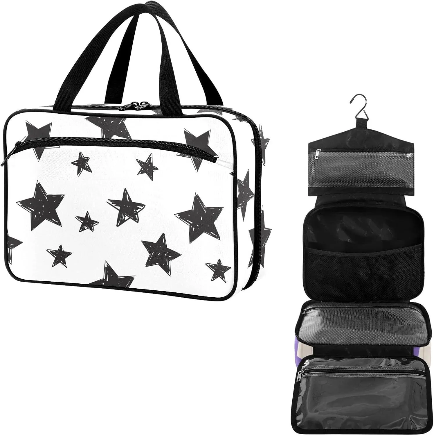 Travel Toiletry Bag for Woman/Men,Black and White Stars Graffiti Star Hanging Organizer Bag with Pockets Portable Folding Travel Case Bags for Makeup Cosmetic Toiletries Storage Traveling-L