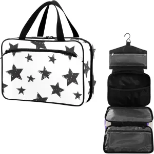 Travel Toiletry Bag for Woman/Men,Black and White Stars Graffiti Star Hanging Organizer Bag with Pockets Portable Folding Travel Case Bags for Makeup Cosmetic Toiletries Storage Traveling-L