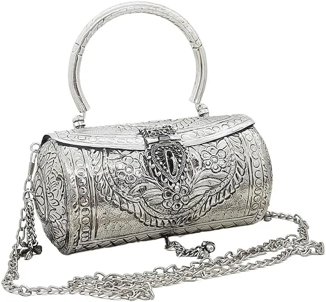 Trend Overseas Women's Antique Brass Metal Clutch, Silver, Handmade Ethnic Design