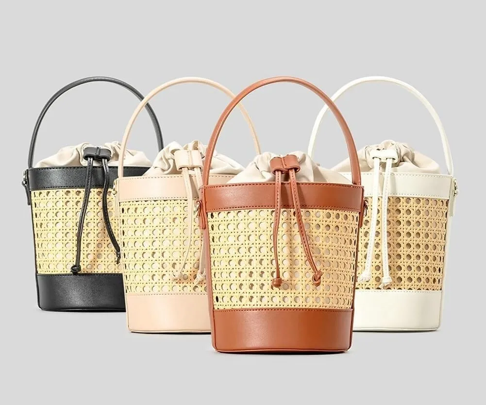 Trendy Rattan Woven Straw Bucket Tote Handbag with Shoulder & Crossbody Straps for Women's Summer Beach Outings