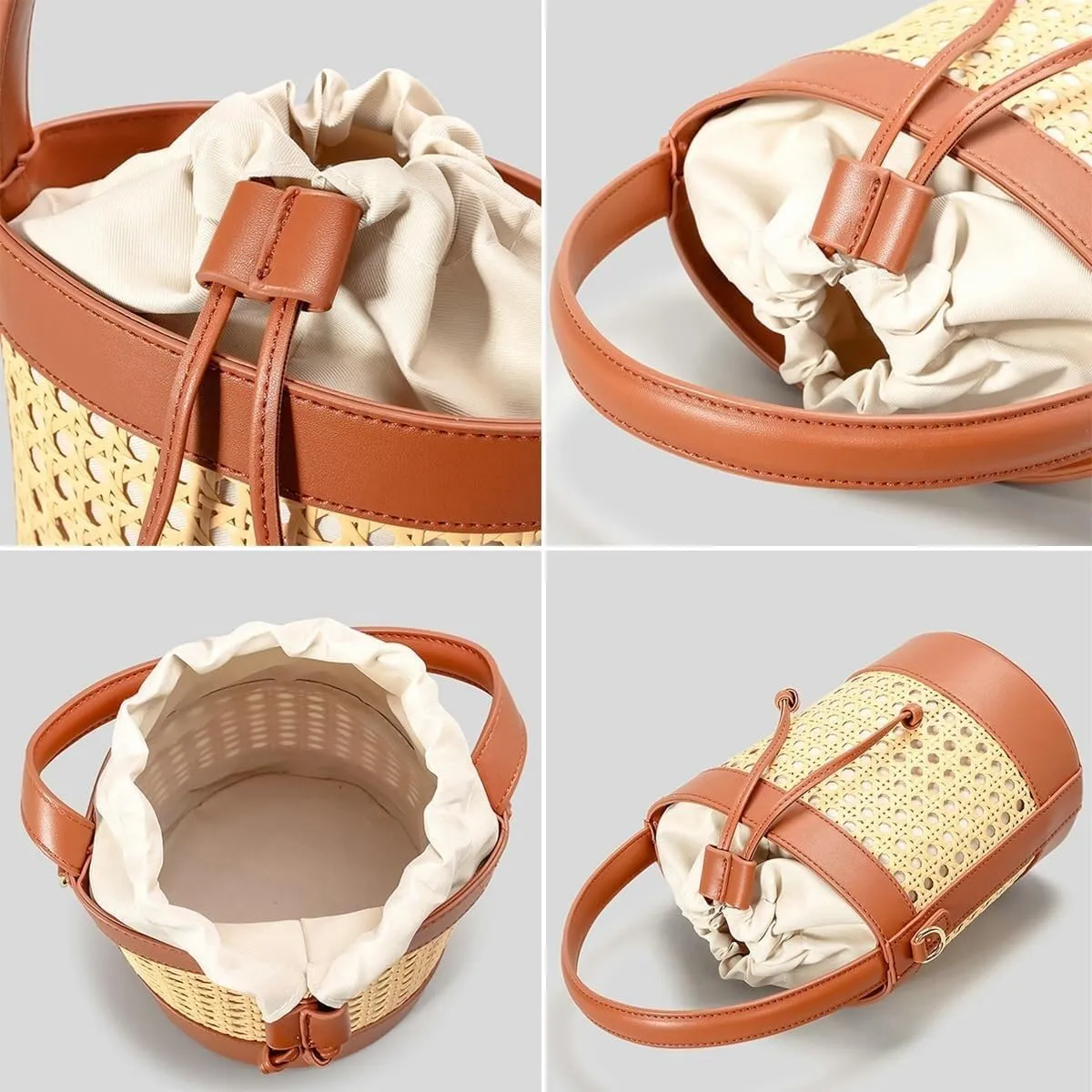 Trendy Rattan Woven Straw Bucket Tote Handbag with Shoulder & Crossbody Straps for Women's Summer Beach Outings
