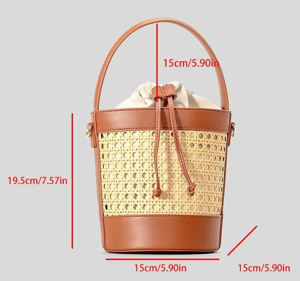 Trendy Rattan Woven Straw Bucket Tote Handbag with Shoulder & Crossbody Straps for Women's Summer Beach Outings
