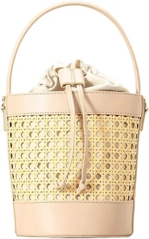 Trendy Rattan Woven Straw Bucket Tote Handbag with Shoulder & Crossbody Straps for Women's Summer Beach Outings