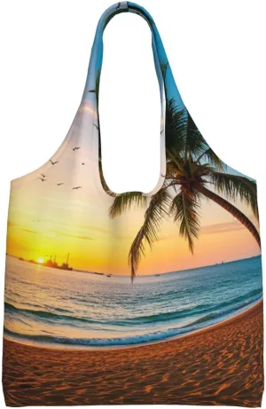 Tropical Beach Palm Tree Sunset Print Women's Canvas Handbag,Sturdy Cotton Handbag With Patterned Shoulder Bag