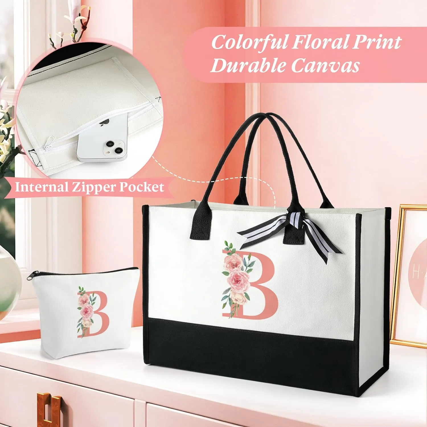 TRSODD Birthday Gifts for Women Mothers Day Gifts for Mom Wife Grandma Daughter Sister Teacher Tote Bag and Makeup Bag Set D