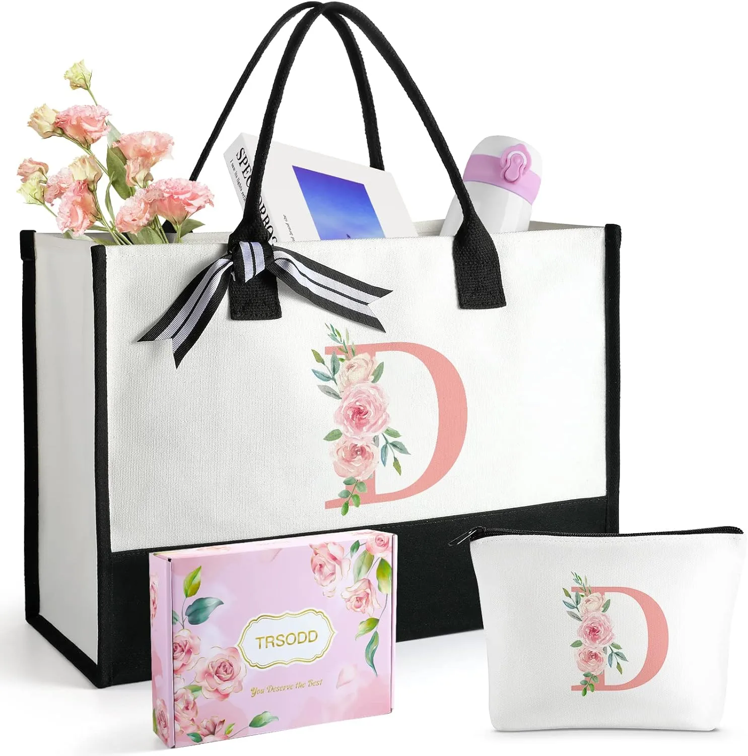 TRSODD Birthday Gifts for Women Mothers Day Gifts for Mom Wife Grandma Daughter Sister Teacher Tote Bag and Makeup Bag Set D