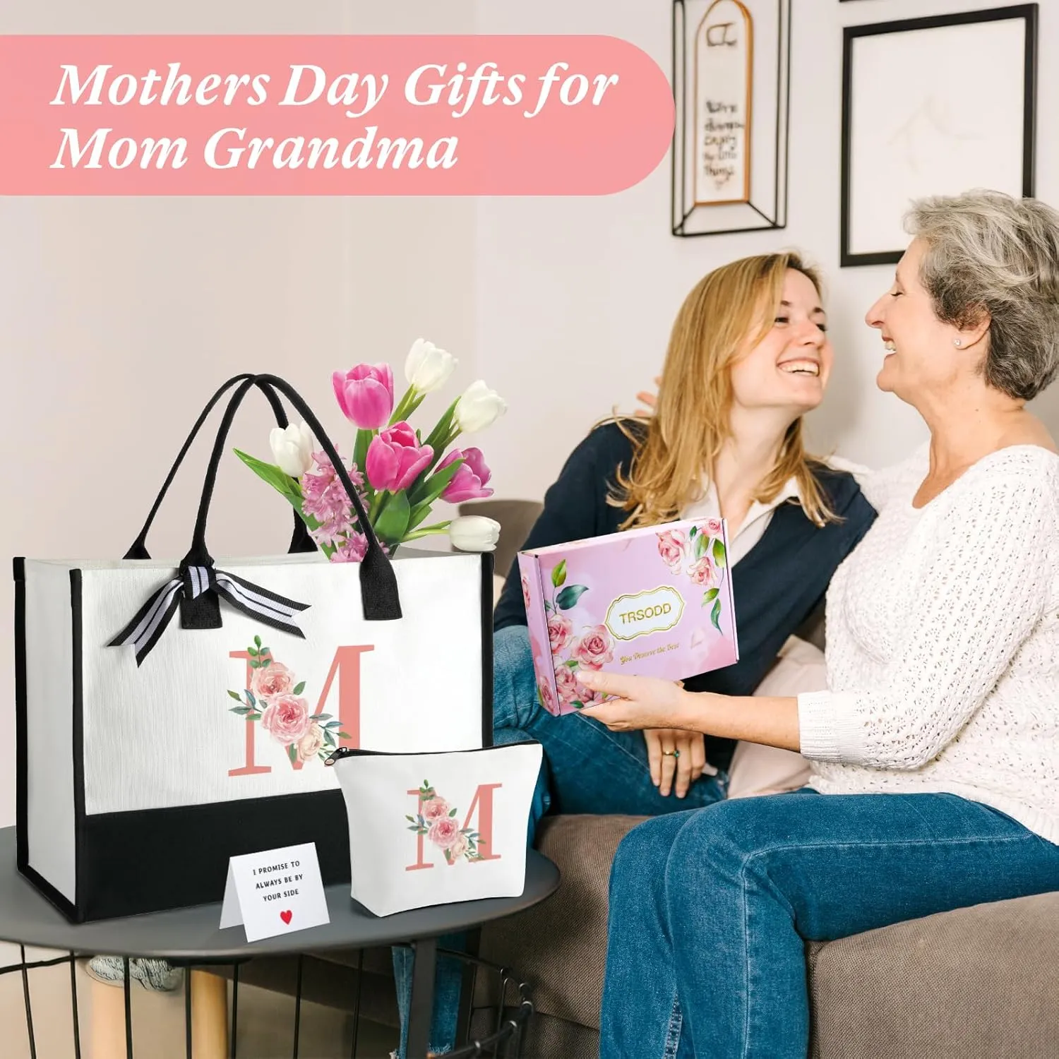 TRSODD Birthday Gifts for Women Mothers Day Gifts for Mom Wife Grandma Daughter Sister Teacher Tote Bag and Makeup Bag Set D