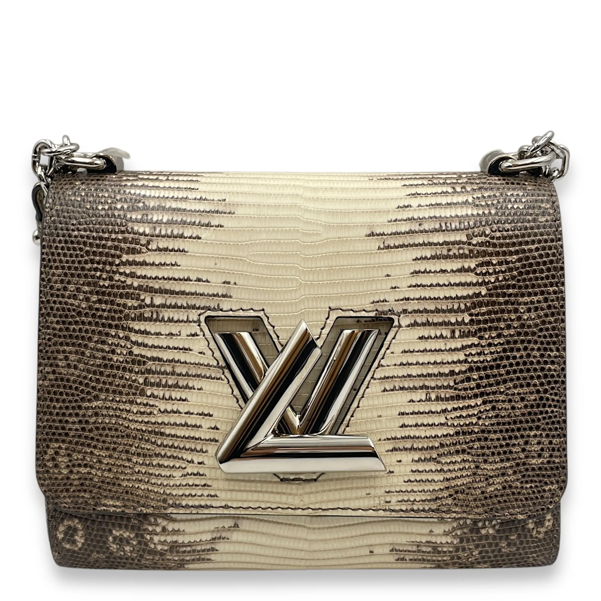 Twist PM Beige Crossbody Bag in Lizard Varanus Salvator, Silver hardware