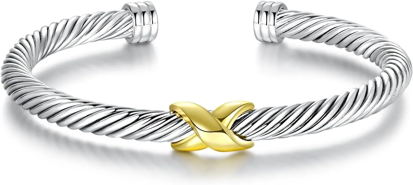 Twisted Cable Bracelet for Women Two Tone Cable Wire Bracelet Adjustable Silver Vintage Knot Cuff Bracelet Jewelry