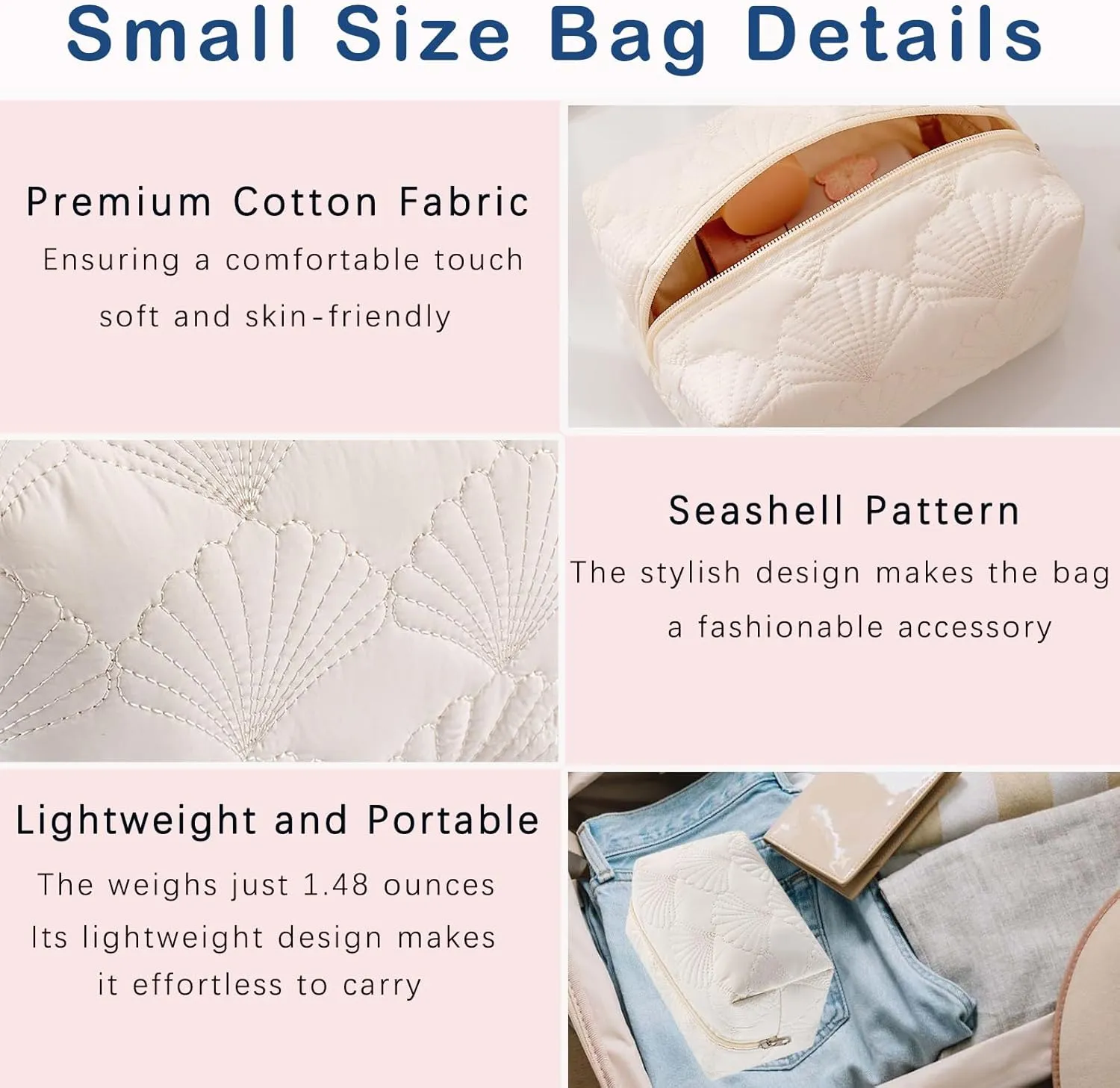 uekeboag 3Pcs White Quilted Cotton Makeup Pouch,Coquette Quilted Toiletry Bag for Women and Girls, Floral Coquette Organizer Bag, Aesthetic Travel Cosmetic Bags(3Pcs White Shell)