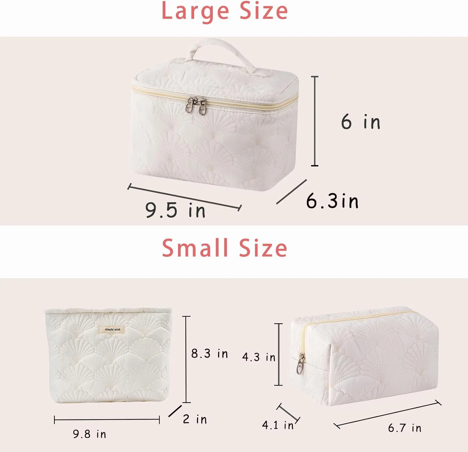 uekeboag 3Pcs White Quilted Cotton Makeup Pouch,Coquette Quilted Toiletry Bag for Women and Girls, Floral Coquette Organizer Bag, Aesthetic Travel Cosmetic Bags(3Pcs White Shell)