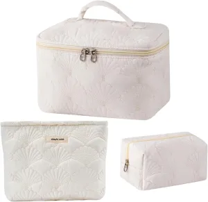 uekeboag 3Pcs White Quilted Cotton Makeup Pouch,Coquette Quilted Toiletry Bag for Women and Girls, Floral Coquette Organizer Bag, Aesthetic Travel Cosmetic Bags(3Pcs White Shell)