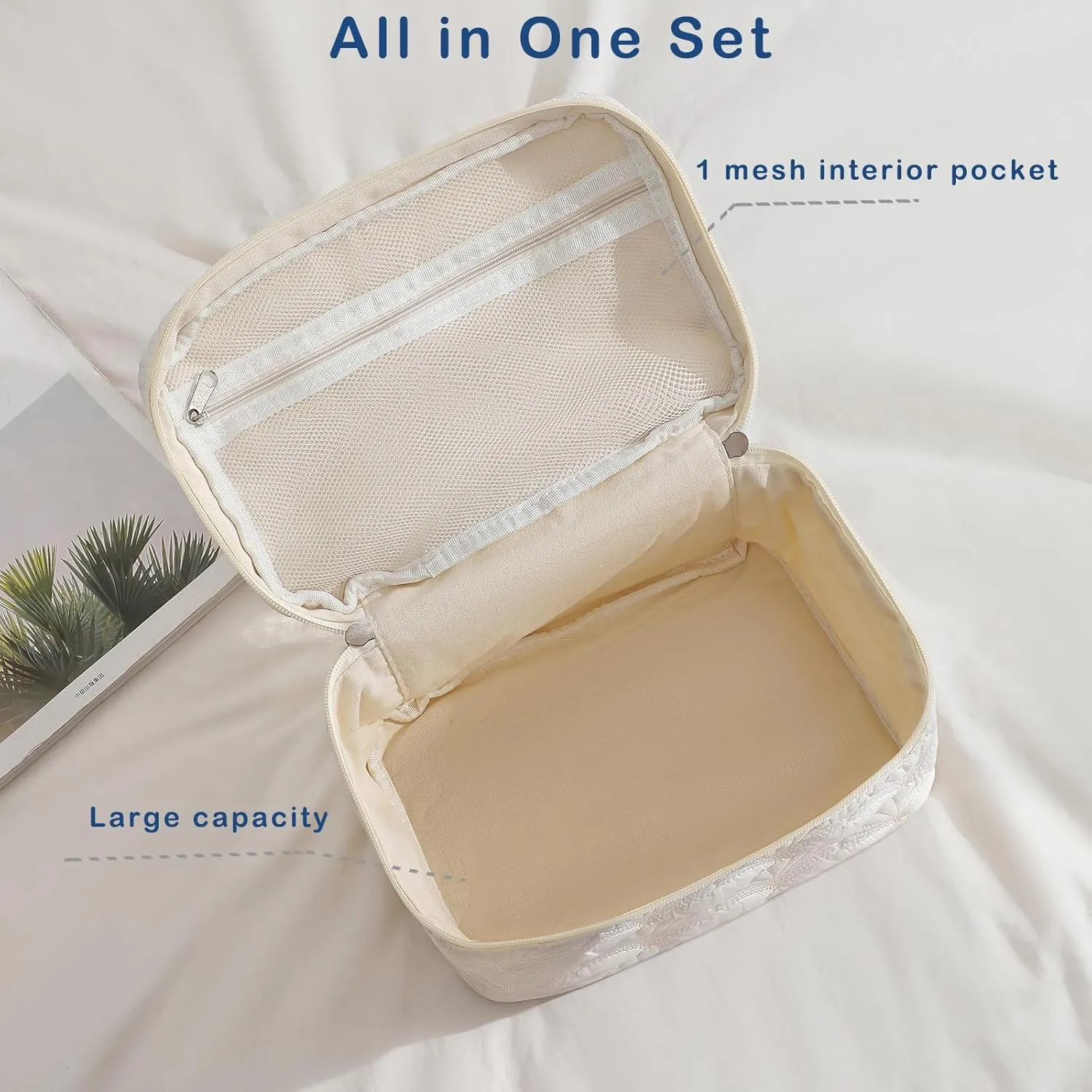 uekeboag 3Pcs White Quilted Cotton Makeup Pouch,Coquette Quilted Toiletry Bag for Women and Girls, Floral Coquette Organizer Bag, Aesthetic Travel Cosmetic Bags(3Pcs White Shell)