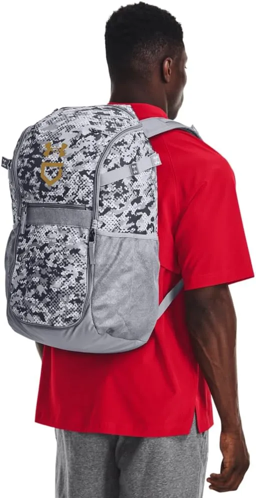 Under Armour Unisex-Adult Utility Baseball Backpack Print, (036) Steel / / Metallic Gold, One Size Fits All