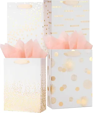 UNIQOOO 12PCS Assorted Metallic Gold Gift Bags Bulk, Medium 9 Inch, Polka Dots, Star Geometric Paper Gift Wrap Bag, For Wedding Birthday Gift Packaging, Valentine's Day, Mother's Day Party Favor Decor