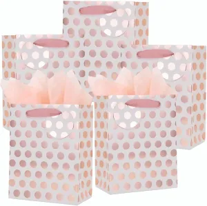 UNIQOOO 12Pcs Rose Gold Foil Gift Bag Bulk, Pink Polka Dots with Tag, Durable Recycle Kraft Paper Bags, Thank You Bag For Wedding Favors Baby Shower Birthday Party Gift Wrapping Box, Medium 9x7x4 Inch