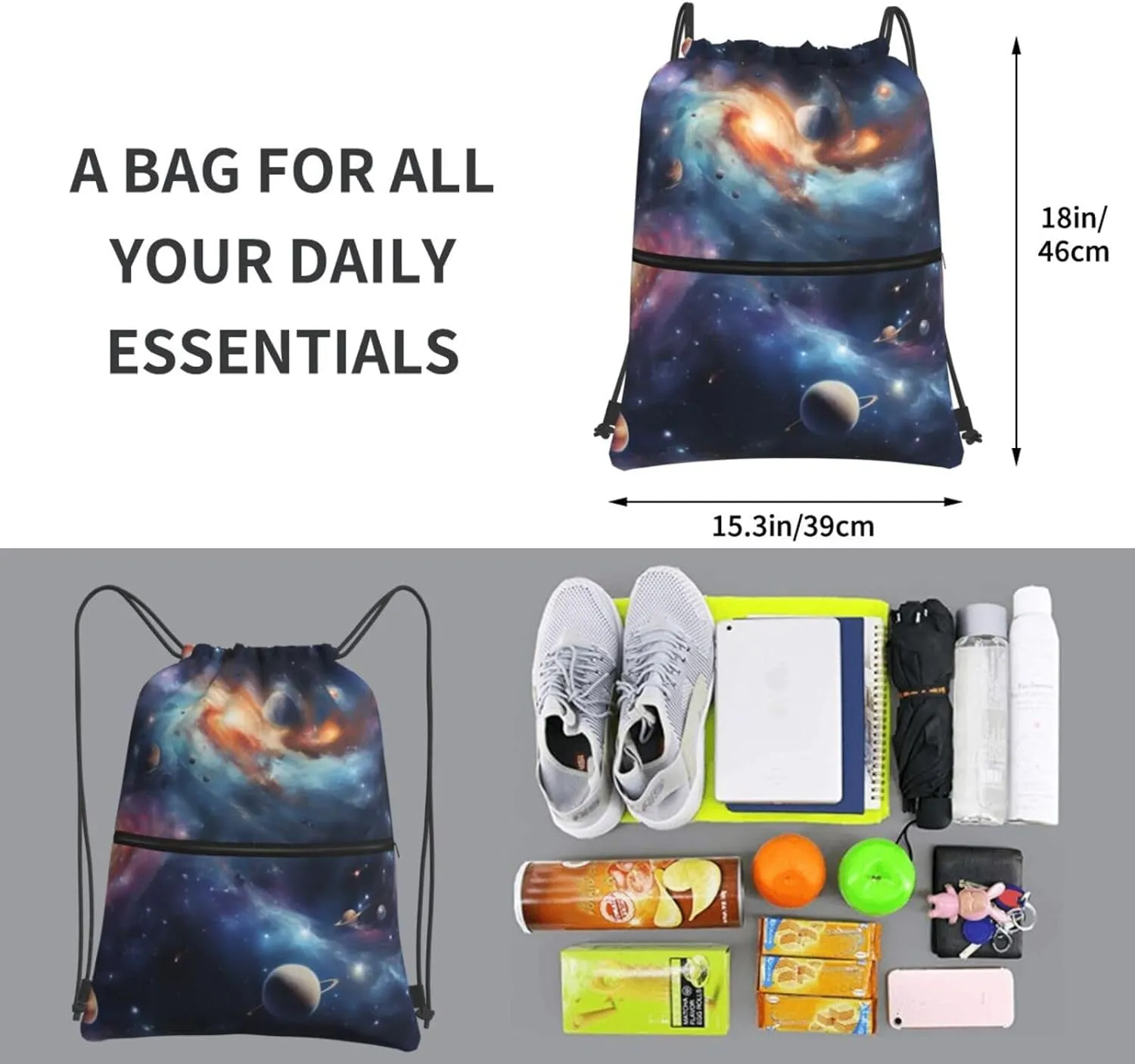 Universe Space Galaxy Drawstring Backpack String Cinch Bag For Fitness Workout, Daily Commute, Travel