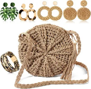 Vacation Purse Set Boho Straw Shoulder Bag Women Crossbody Beach Purse with 4 Rattan Tropical Earrings Leopard Bracelet