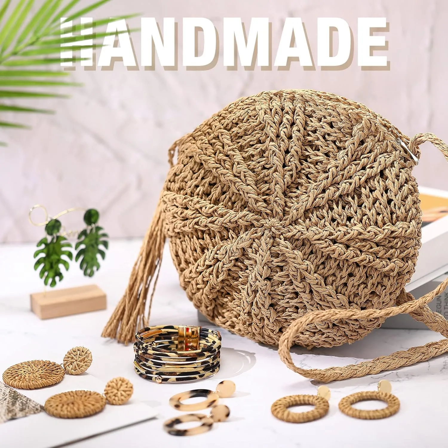 Vacation Purse Set Boho Straw Shoulder Bag Women Crossbody Beach Purse with 4 Rattan Tropical Earrings Leopard Bracelet
