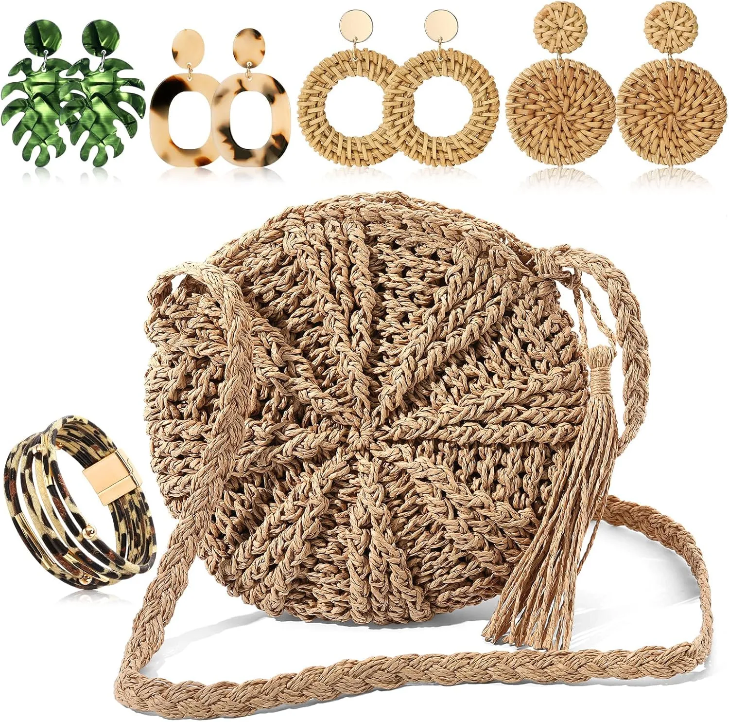 Vacation Purse Set Boho Straw Shoulder Bag Women Crossbody Beach Purse with 4 Rattan Tropical Earrings Leopard Bracelet