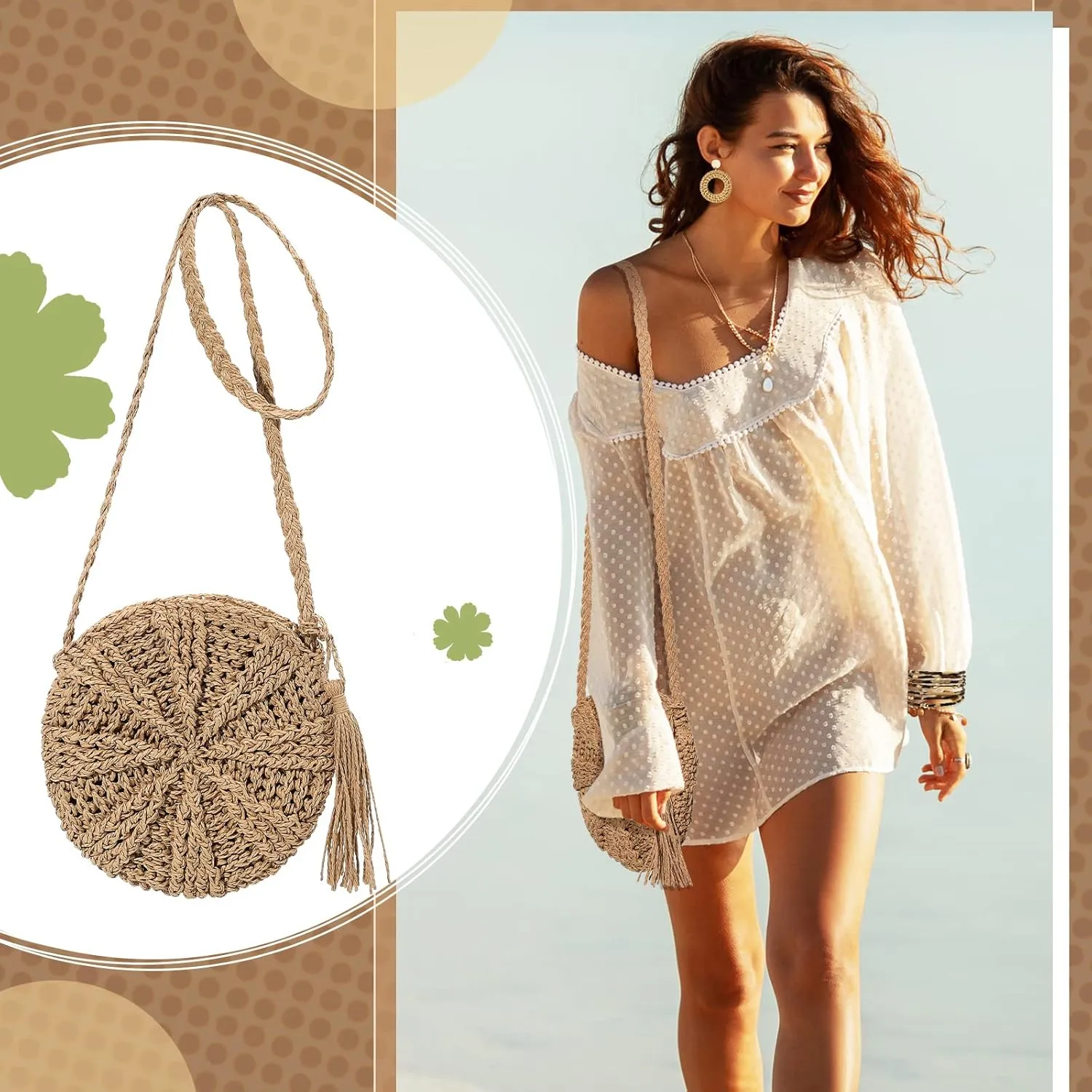 Vacation Purse Set Boho Straw Shoulder Bag Women Crossbody Beach Purse with 4 Rattan Tropical Earrings Leopard Bracelet