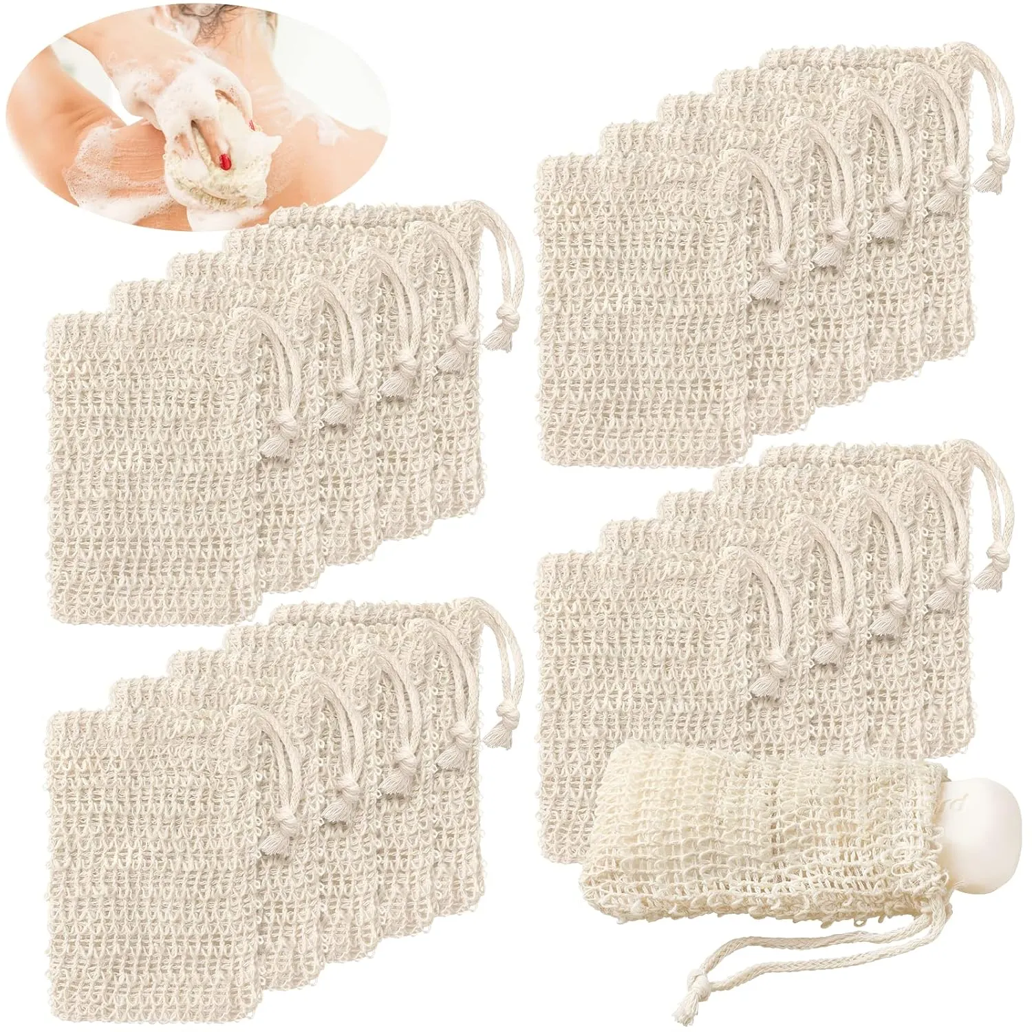 Varku 100 PCS Sisal Soap Saver Bag, Natural Cotton-Linen Exfoliating Soap Pouch for Foaming and Drying, Soap Bars Shower Soap Bag with Drawstring, Zero Waste Plastic-free Soap Holder