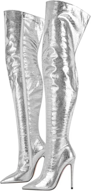 VERISSON Women's Over Knee Metallic Boots Point Toe Clorfulr Stiletto High Heels Zip up Thigh Booties