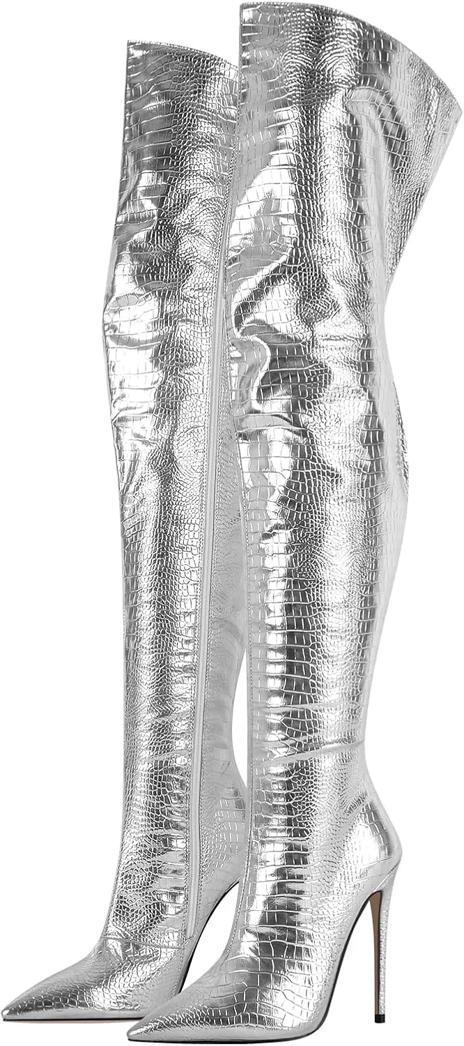 VERISSON Women's Over Knee Metallic Boots Point Toe Clorfulr Stiletto High Heels Zip up Thigh Booties