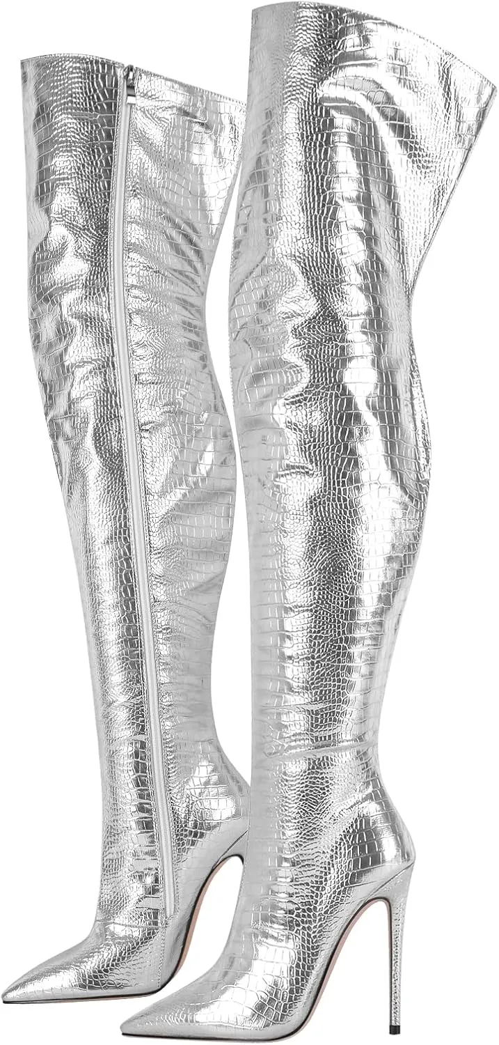 VERISSON Women's Over Knee Metallic Boots Point Toe Clorfulr Stiletto High Heels Zip up Thigh Booties