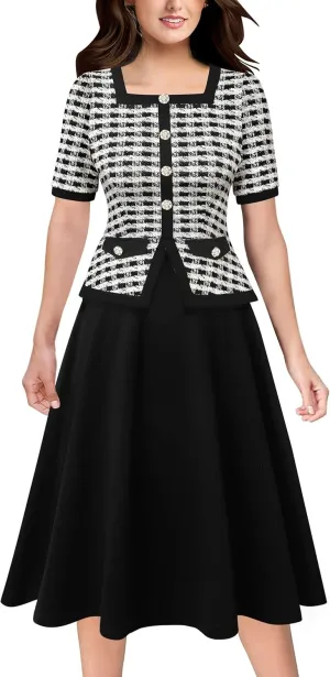 VFSHOW Womens Square Neck Peplum Slim Work Office Business Party A-Line Midi Dress