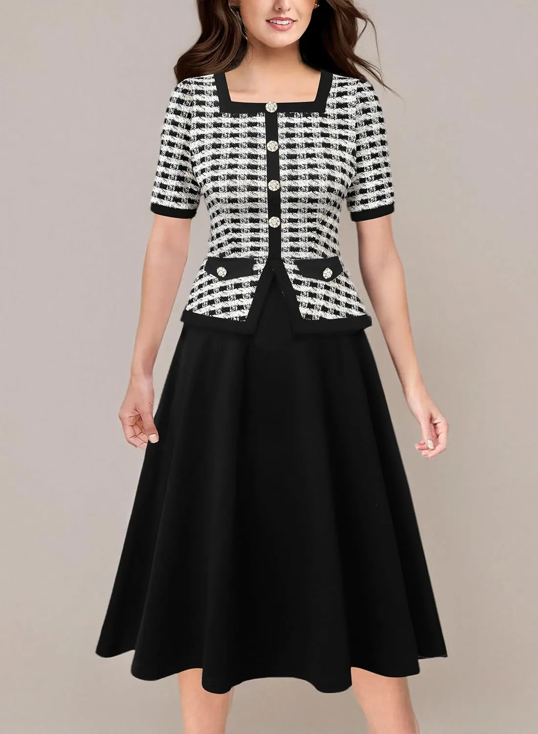 VFSHOW Womens Square Neck Peplum Slim Work Office Business Party A-Line Midi Dress
