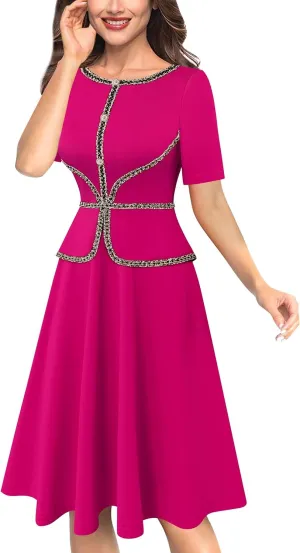 VFSHOW Womens Tweed Buttons Peplum Work Business Office Church Crew Neck Colorblock Fit and Flare A-Line Dress
