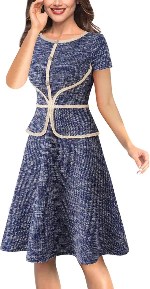 VFSHOW Womens Tweed Buttons Peplum Work Business Office Church Crew Neck Colorblock Fit and Flare A-Line Dress
