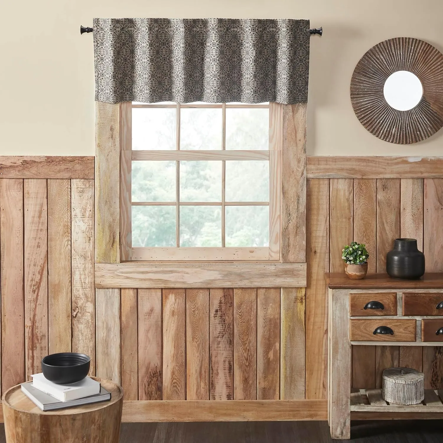 VHC Brands Custom House Black & Tan Jacquard Valance 18x60, Window Treatment, Bedroom, Living Room, Dining Room, and Kitchen Decor, Cotton, Custom House Collection, 18x60, Natural
