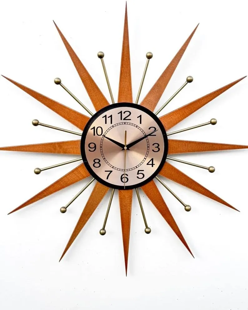 Vintage Burnt Orange Starburst Wall Clock – Handmade Atomic Retro Sunburst in George Nelson Style | Mid-Century Modern Brass Clock