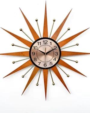 Vintage Burnt Orange Starburst Wall Clock – Handmade Atomic Retro Sunburst in George Nelson Style | Mid-Century Modern Brass Clock