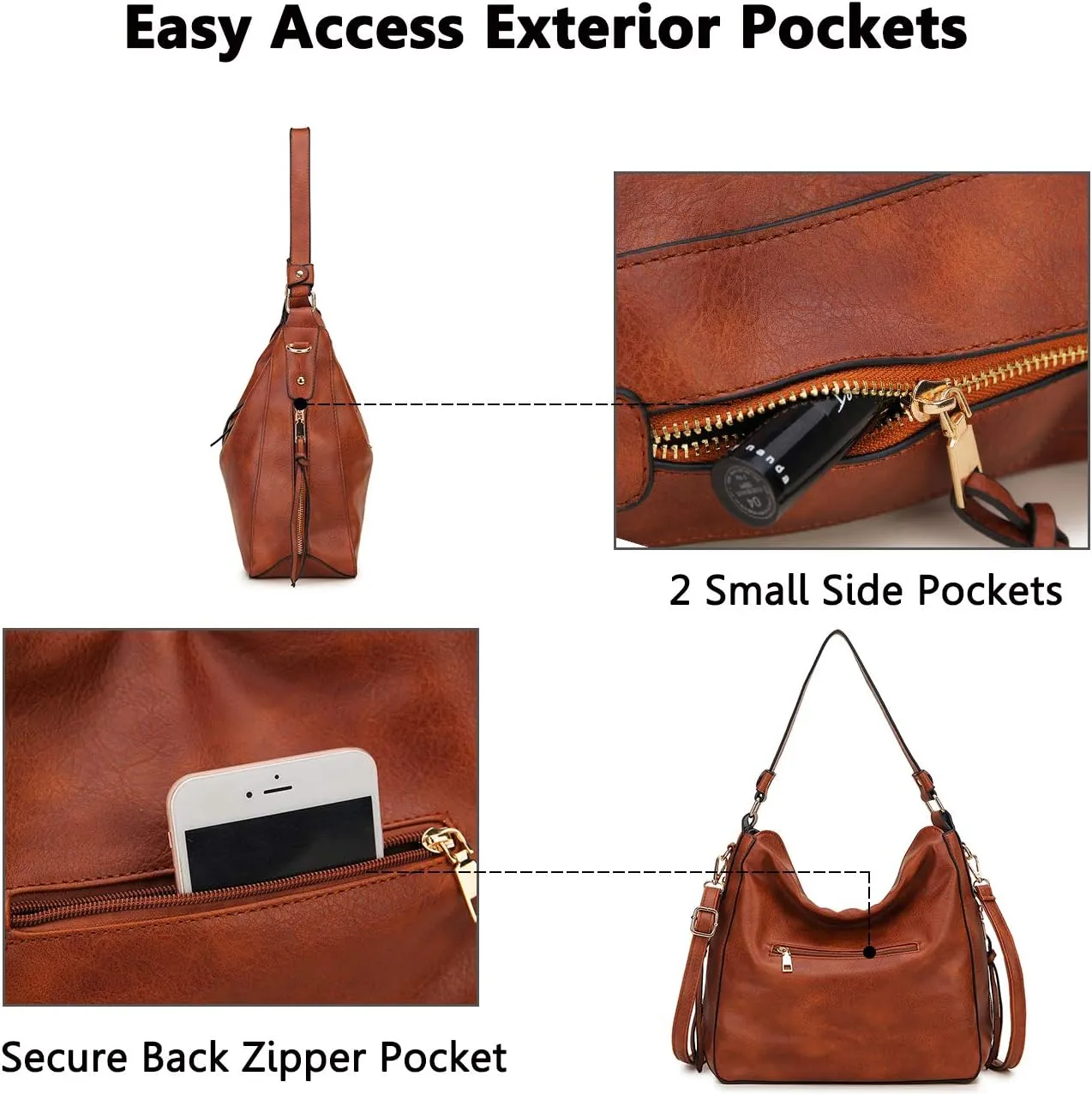 VX VONXURY Hobo Bags for Women, Faux Leather Tote Purse Ladies Handbag Medium Shoulder Bags with Side Pockets for Work Travel