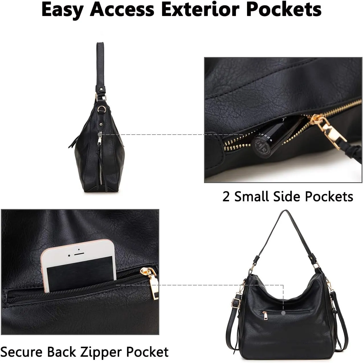 VX VONXURY Hobo Bags for Women, Faux Leather Tote Purse Ladies Handbag Medium Shoulder Bags with Side Pockets for Work Travel